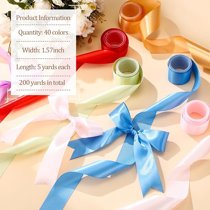 40 Rolls Satin Ribbons Colorful Fabric Ribbons Assorted Solid Rainbow for Gift Wrapping Bows Crafts DIY Bouquet Christmas Wedding Shower Decor(1.57'' Wide,200 Yd Long,Multicolor)