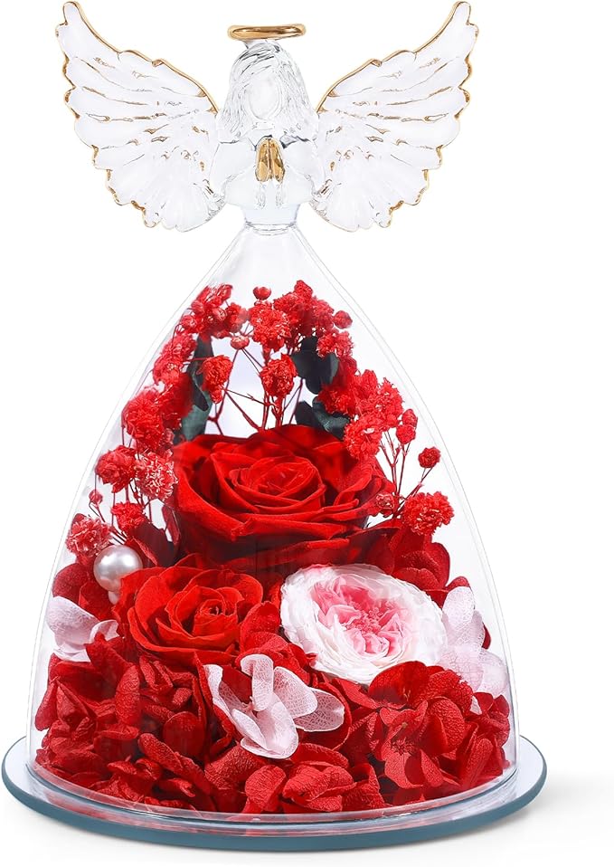 FIACO Gifts for Women Preserved Rose Forever Flower in Glass Angel Figurine Fresh Flowers for Delivery Mothers Day Birthday Gifts for Mom Grandma Wife Sister Red