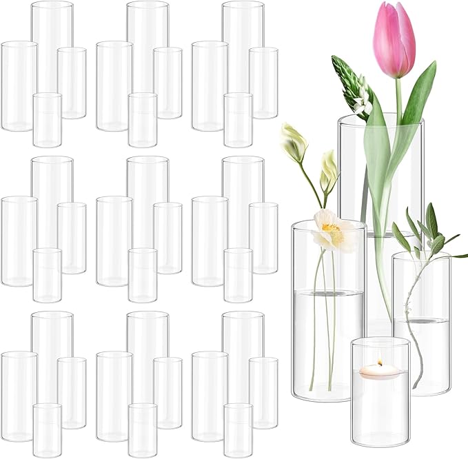 36 Pack Glass Cylinder Vase 4, 6, 8, 10 Inch Tall Clear Vases for Centerpieces Flower Vases for Wedding Decorations Home Decor Dinners Party Event Floating Hurricane Candle Holder Vase