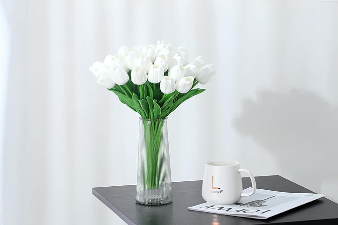 20pcs White Tulips Artificial Flowers Fake Silk Tulips Real Touch Flowers for Spring Kitchen Wedding Home Decor Arrangements Easter Decor 14 Inch