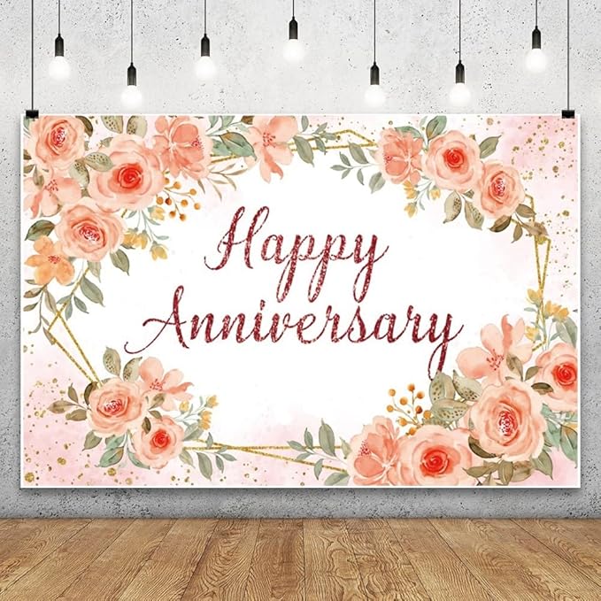 Leyiyi 10x6.5ft Happy Anniversary Backdrop Watercolor Pink Floral Rose Green Leaves Gold Dots Glitter Photography Background Cheers to Wedding Anniversary Bridal Shower Party Decorations Photo Props