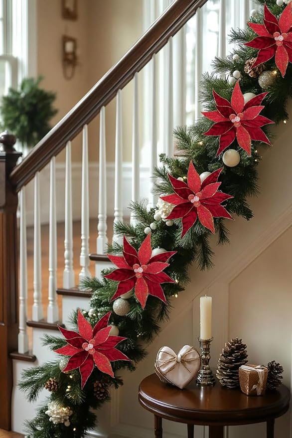 Hollyone 3PCS Poinsettia Christmas Flowers Artificial 11" Large Velvet Red Glitter Poinsettia Flowers Christmas Tree Ornaments Floral Picks for Tree Wreath Garland Vase Table Centerpiece Home Decor