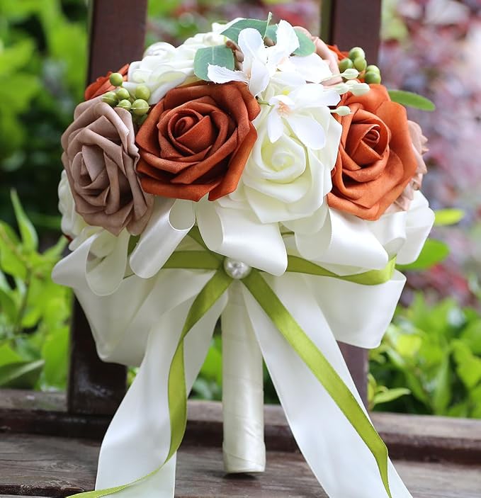 Lightweight Bridal Wedding Bouquet Round Holding Bouquet Throw Toss Artificial Rose Flower Bunch for Bride Bridesmaid Wedding Quinceanera (Cream, Coral & Rosy Brown, 9.1")