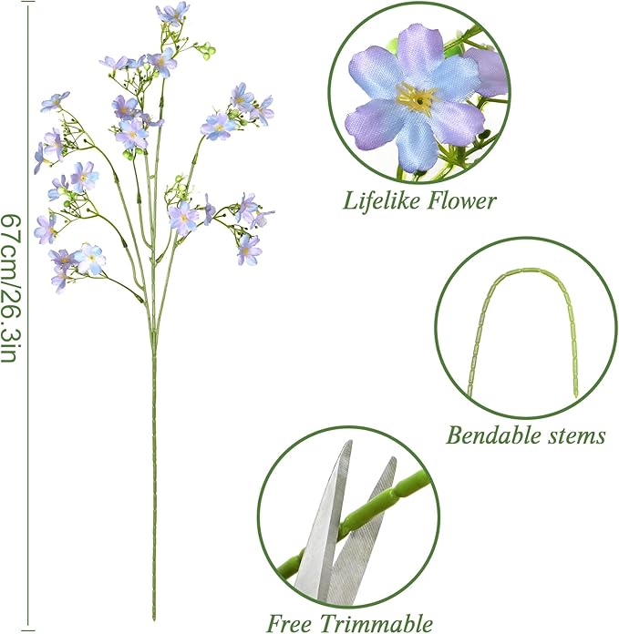 Artificial Flowers 8PCS Silk Flowers with Long Stems, Fake Flowers Bulk Fake Babys Breath, Royal Blue Flowers for Tall Vase Outdoor Garden Wedding Party Home Table (Purple, 8PCS)