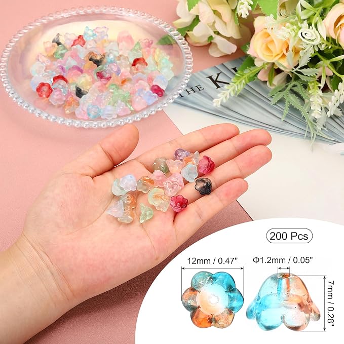 PATIKIL Glass Trumpet Flower Beads, 200 Pcs Gradient Flower Bead Charm for Jewelry Making DIY Craft, Bracelets, Earrings, Necklaces Decorations, Orange, Cyan