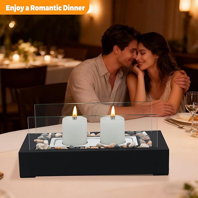 Rectangle Tabletop Hurricane Candleholder with Decorative Stones - Suitable for Dia 2.5" and Below Pillar Candles and Scented Candles, Gift for Dinner Table Centerpiece & Housewareming