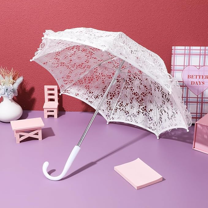 Mini Lace Umbrellas, White Embroidery Parasol Floral Lace Wrist Gloves for Women Vintage Bridal Umbrella Set for Wedding Tea Party Photography Props