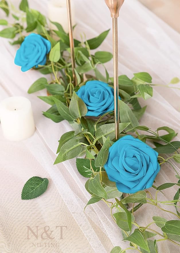 N&T NIETING Artificial Flowers, 25pcs Fake Flower Roses with Stem for DIY Wedding Bouquets Centerpieces Bridal Baby Shower Party Home Decoration, Blue
