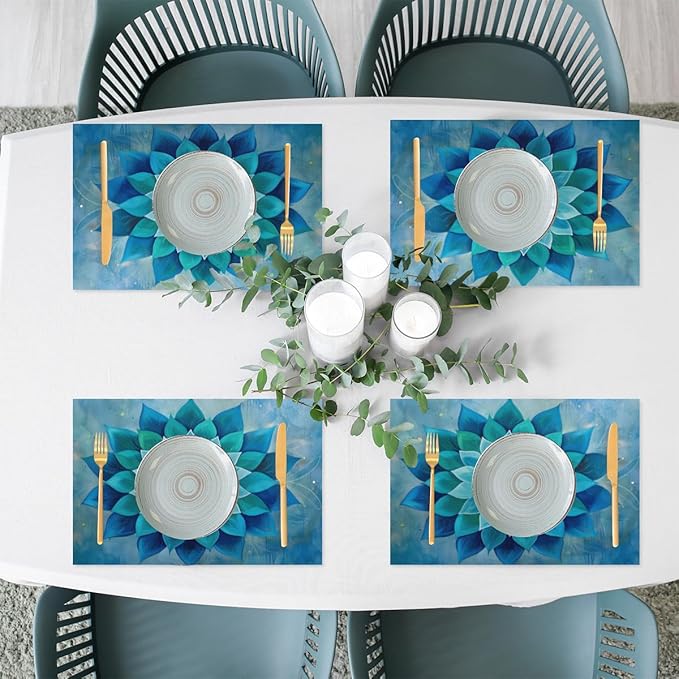 Teal Flower Mandala Placemats Set of 4 PVC Vinyl Non Slip Table Mats Waterproof Heat Resistant Place Mats Washable Wipeable Dining Table Mat for Kitchen Party Indoor Outdoor Decorative