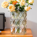 Glass Flower Vase, Clear Crystal Vases for Centerpieces, Heavy Handmade Modern Vases for Decor Home Bedroom Kitchen Office Living Room, 7.88 Inch (Clear Amber)