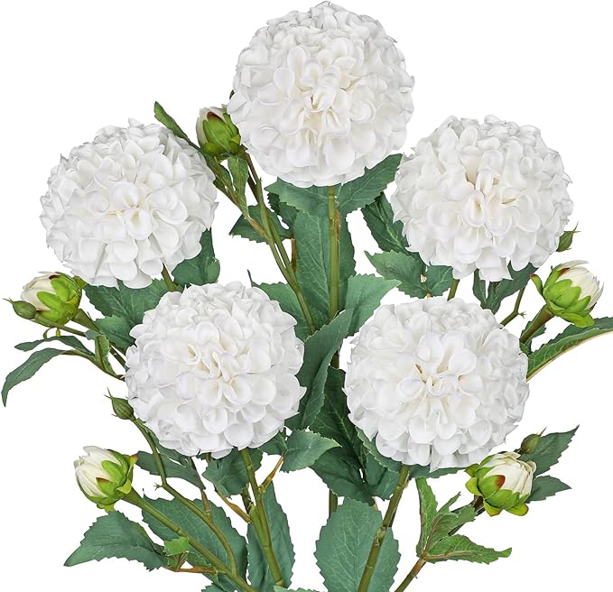Hollyone 5PCS Dahlia Artificial Flowers 24.8" Cream White Fake Ball Dahlias Silk Flowers Faux Roses Flower with Long Stems for DIY Wedding Bouquets Centerpieces Arrangements Bridal Shower Home Decor