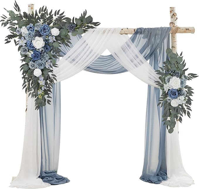 Ting's time Wedding Arch Flowers with Drape Kit (Pack of 4),2pcs Dusty Blue Floral Swags Arrangement and 2pcs Drapes Fabric for Wedding Ceremony and Reception Backdrop Decoration
