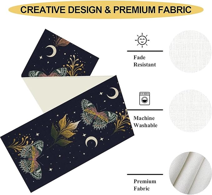 Gothic Moth Table Runner, Boho Gothic Floral Butterfly Sun Moon Mystical Witchy Starlight Coffee Table Center Decor for Home Kitchen Dining Patio Holiday Party Table Decorations 13x72 inches