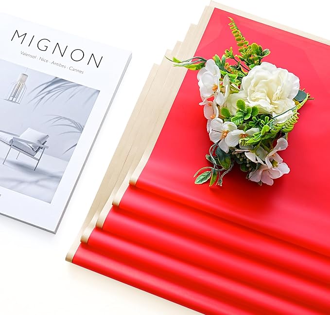 Bupduq 30 Sheets Red Gold Edge Flower Bouquet Wrapping Paper，Florist Supplies Waterproof Floral Bouquet Wrapping Paper Bouquet Accessorie，Flower Shop Packaging Pape for DIY Gift Wedding Birthday