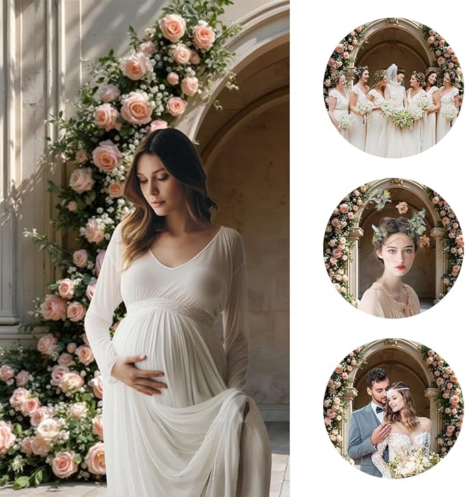 7x5ft Retro Pink Roses Flowers Backdrop Spring Blooming Floral Arch Old Palace Wall Background for Wedding Mothers Day Valentines Day Bridal Birthday Princess Couples Women Portraits