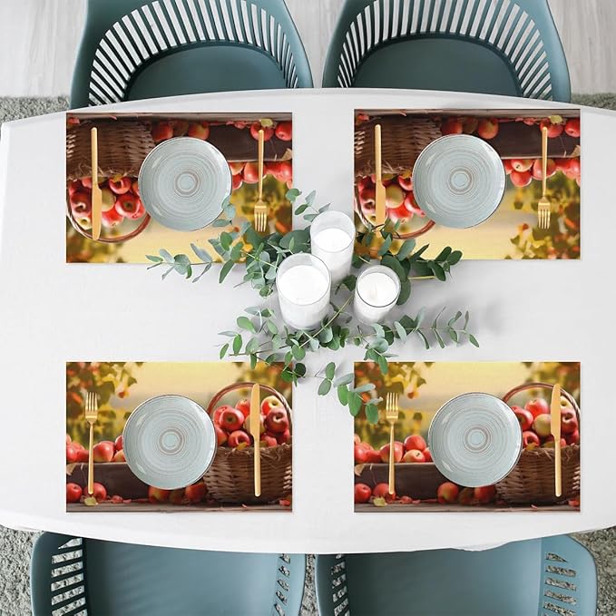 Fall Fruit Apple Placemats Set of 4 PVC Vinyl Non Slip Table Mats Waterproof Heat Resistant Place Mats Washable Wipeable Dining Table Mat for Kitchen Party Farmhouse Indoor Outdoor Decorative
