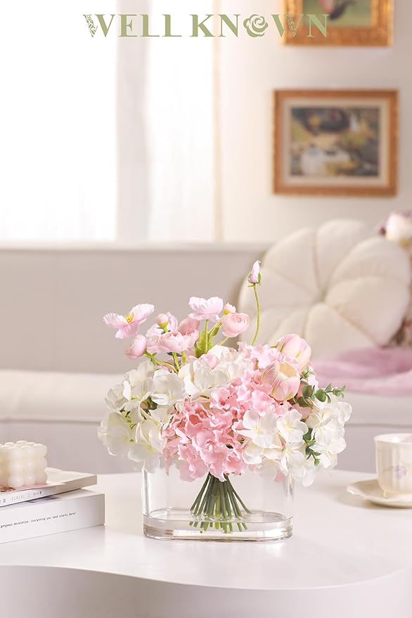 WELL KNOWN Artificial Flowers in Vase, Fake Hydrangea Tulip Flowers Bouquet with Big Glass Vase for Home Office Wedding Party Decor for Dining Table Centerpiece Housewarming Mom's Gift (Pink White)