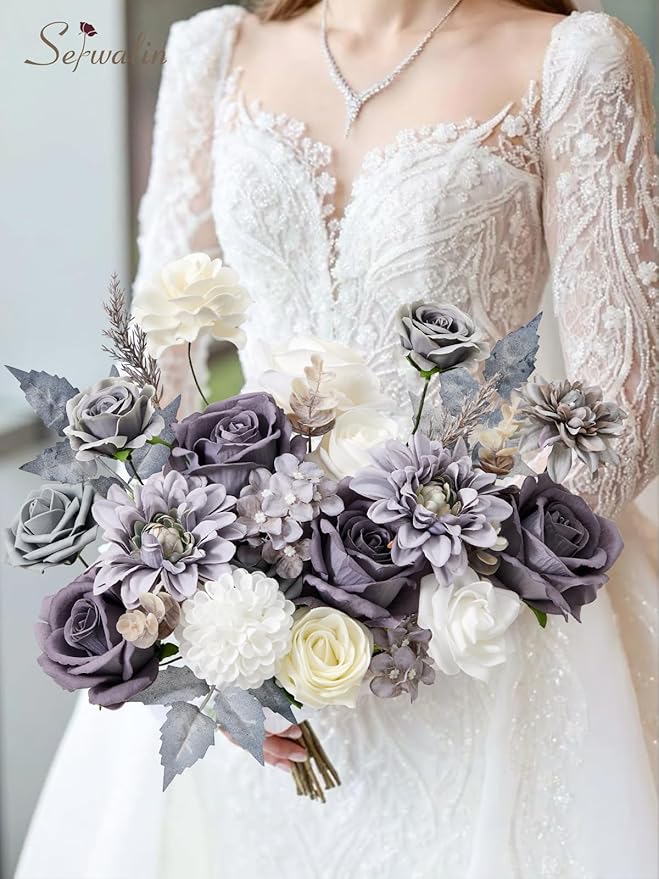 Serwalin Grey Artificial Flowers, Silk Fake Flowers for DIY Wedding Bridal Bouquets, Wedding Cake Flowers for Table Centerpieces Baby Shower Birthday Party Home Decorations