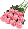 Pink Fake Roses Artificial Flowers - 10 Pcs Fake Artificial Roses Silk Flowers with Stems for Home Wedding Hotel Office Centerpiece Decor