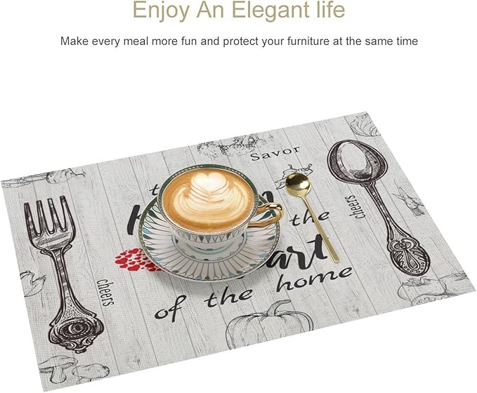 Vegetable Placemats Vintage Rustic Wooden Plank Kitchen Utensils Cutlery Tomato Pumpkin Mushroom Carrot Placemats Table Kitchen Dining Party 12x18 Inch Set of 6