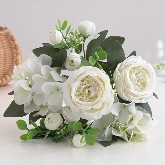 4 Bunches White Peonies Artificial Flowers for Decoration Faux Roses Fake Bouquet Arrangements Plastic Table Centerpiece Silk Flores for Vase Party Wedding Home Décor (White)
