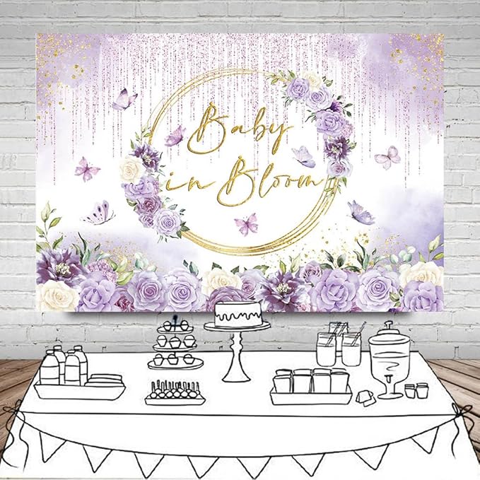 MEHOFOND Baby in Bloom Baby Shower Backdrop Purple Floral Butterfly Baby Shower Party Decorations Baby Girl's Watercolor Floral Glitter Drops Decorations Supplies Banner Photo Booth Studio Props