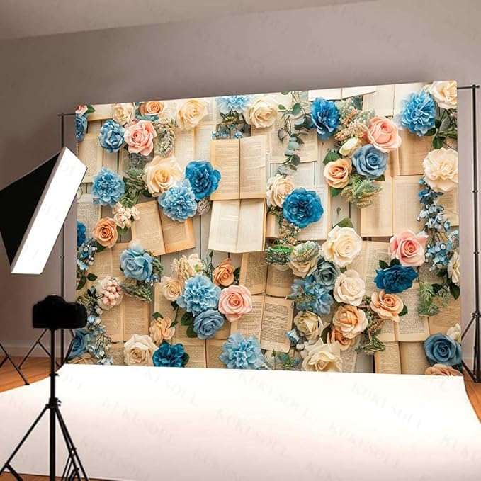7x5FT Vintage Books Wall Backdrop Pink and Blue Rose Spring Flowers Books Page Backdrop for Kid Girls Birthday Party Decor Baby Shower Wedding Decoration Supplies KUBDJ1094