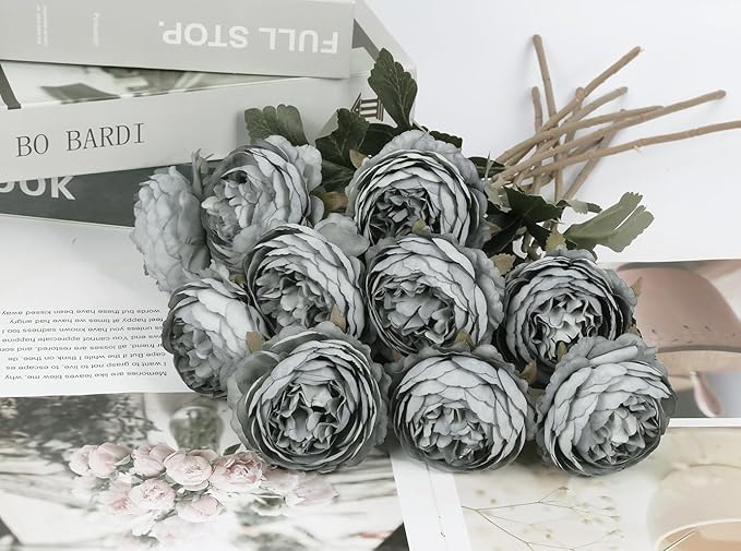 IPOPU 10pcs Dusty Blue Peonies Artificial Flowers Gradient Blue Silk Peonies with Stems Real Touch Fake Peony for Wedding Decoration Bride Bouquet Faux Flowers Floral Arrangement