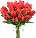 Mandy's Artificial Tulips 20 Stems Red PU Faux Flowers for Thanksgiving and Christmas Decorations Wedding Home Decor 13.5 Inch