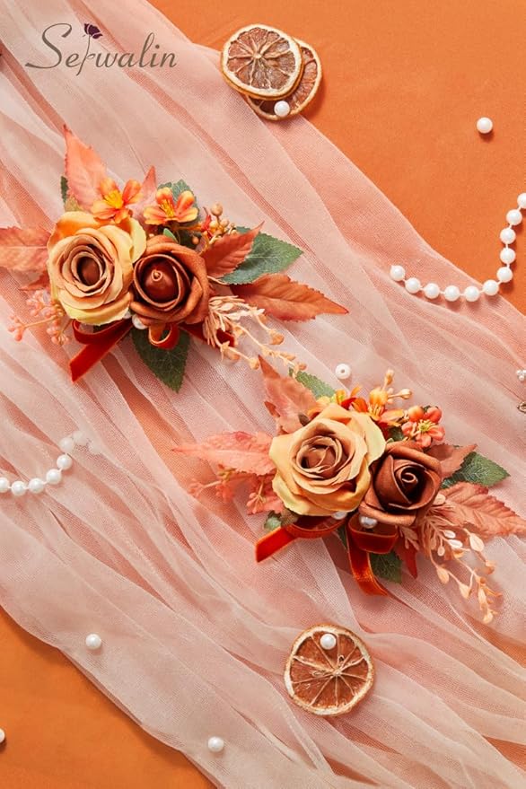 Serwalin Set of 2 Boutonniere for Men, 6-7 Inch Corsage Groom and Best Man Boutonnieres for Wedding Prom Ceremony Anniversary Party Cake Topper (Orange)