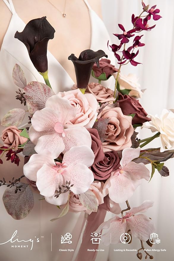 Ling's moment Dusty Rose Wedding Bouquets for Bride, Pink Bridal Bouquets for Bride, 13 Inch Free Form Artificial Wedding Flower Bouquet