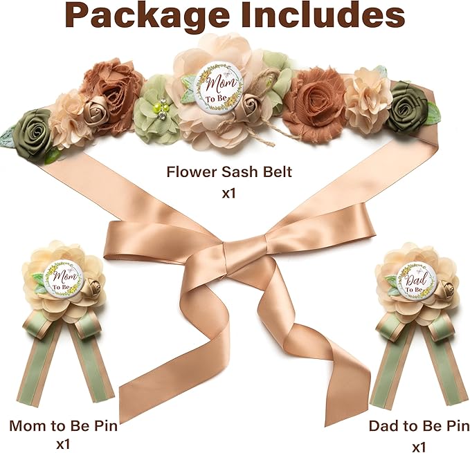 Baby Shower Maternity Sash Belly Belt-Pink Flower Sash Set Mom to Be & Dad to Be Corsage Pins for Gender Reveal