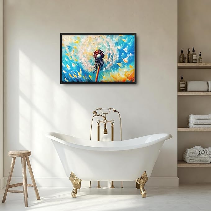 Extra Large Abstract Dandelion Framed Wall Art for Living Room,Oversized Colorful Dandelion Flower Pictures Wall Decor,Blue Canvas Print Painting Modern Artwork Bedroom Office Bathroom 36L x 24W