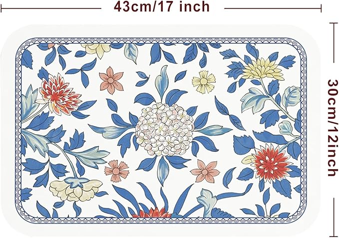 patdrea Blue Floral Rectangular PVC Placemats, Pack of 6, Waterproof Insulation, Soft and Durable, Suitable for Dining Table, Kitchen and Coffee Table Decoration,12"*17"