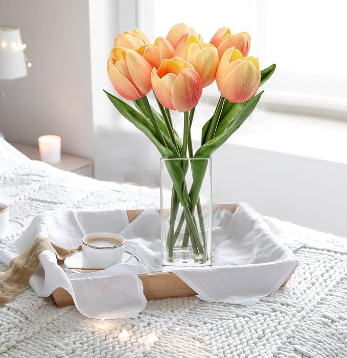 Briful Fake Flowers Artificial Tulip Flower Peach in Clear Vase, Real Touch Foam Tulip Arrangement Suitable for Home Office Decoration, Dining Table Centerpiece