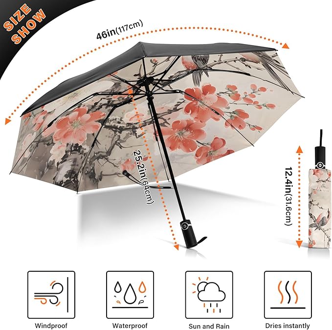 Automatic Folding Umbrella Windproof Strong, UV Protection Compact Floral Hydrangea Hummingbird Sun Rain Sun Rain Travel Umbrellas for Women Men