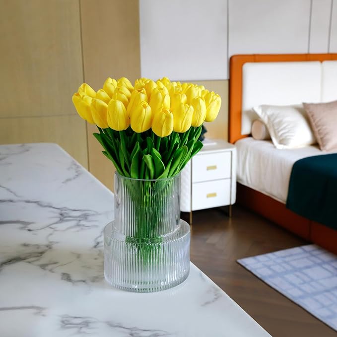 36 PCS Yellow Tulips Artificial Flowers 13" PU Fake Flowers for Wedding Home Decor (Yellow)