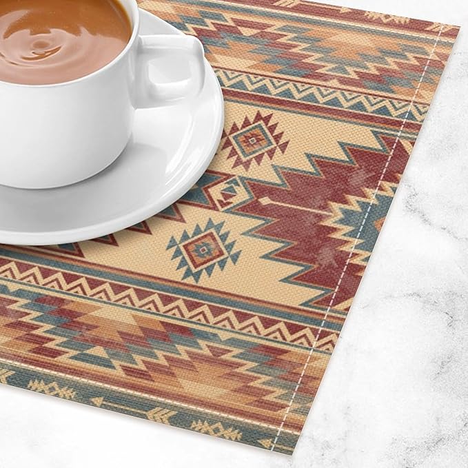 Aztec Placemats Set of 4 Retro Western Native American Tribal Art Printed Dining Table Mats for Restaurant Home Kitchen Holiday Decor 12x18in
