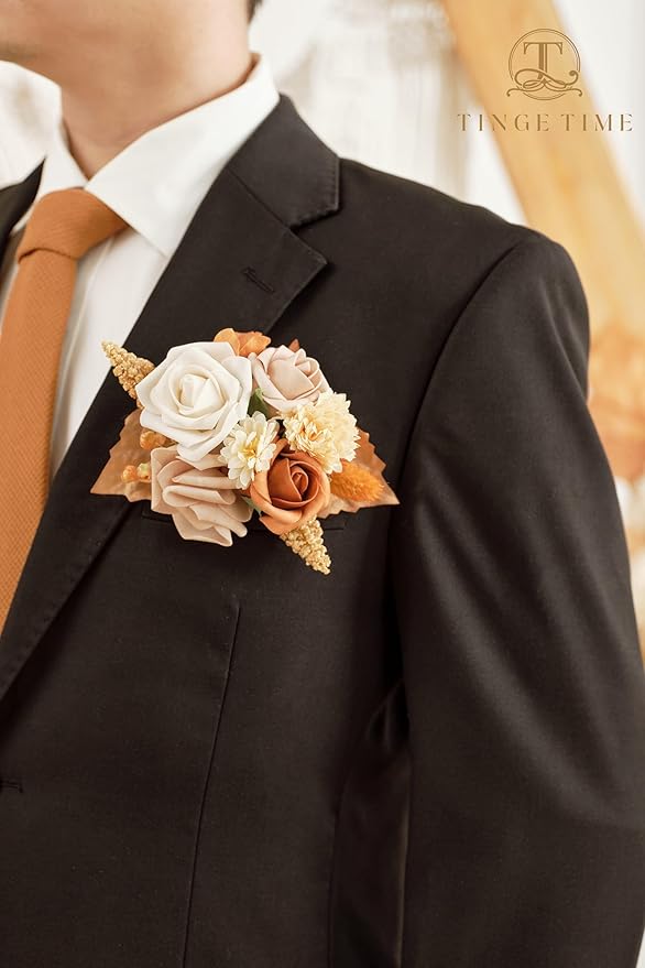 TINGE TIME Single Pocket Boutonniere for Man Groom, Best Man Boutonniere for Wedding, Prom, Homecoming, Anniversary, Graduation, Christmas Dinner(BurntOrange)