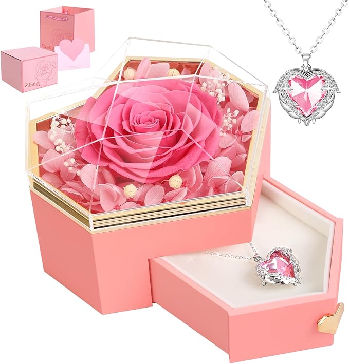Preserved Pink Real Rose with Necklace Forever Flowers Diamond shaped Box for Mom Wife Girlfriend Grandma on Mothers Day Birthday Valentines Christmas Anniversary Beatiful Gifts for women