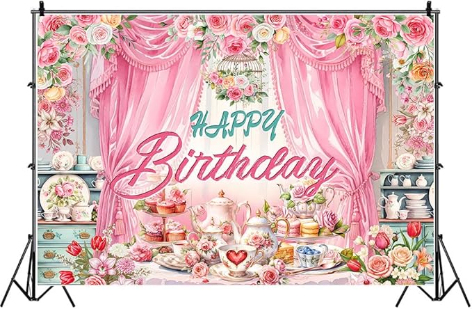 Tea Party Backdrop Let's Partea Happy Birthday Photography Background Wonderland Pink Rose Floral Teapot Women Tea Party Decor Banner Portrait Photo Booth Studio Props 7x5ft FU047YL