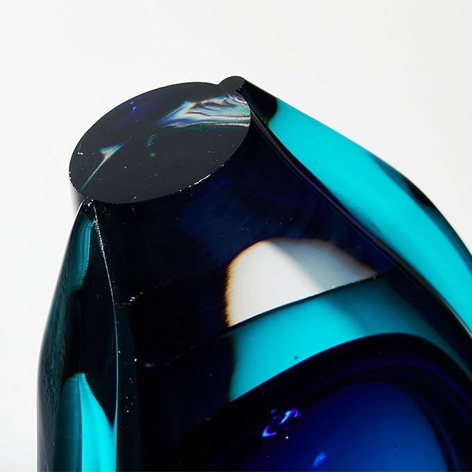 Luxury Lane Hand Blown Sommerso Oval Art Glass Vase for Decor 8.5 inch Tall Centerpiece Table Decoration London Blue