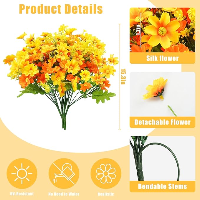 Uieke Artificial Fake Flowers, 6 Bundles Daisy Mums Flowers Outdoor UV Resistant No Fade Greenery Shrubs Plants Indoor Outside Hanging Planter Home Wedding DIY Garden Porch Décor (Orange Yellow)