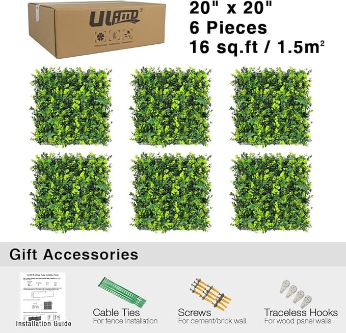 ULAND Artificial Grass Wall, 6pcs 20"x20" Faux Greenery Foliage Panels, Outdoor Green Plant Décor for Privacy Fence