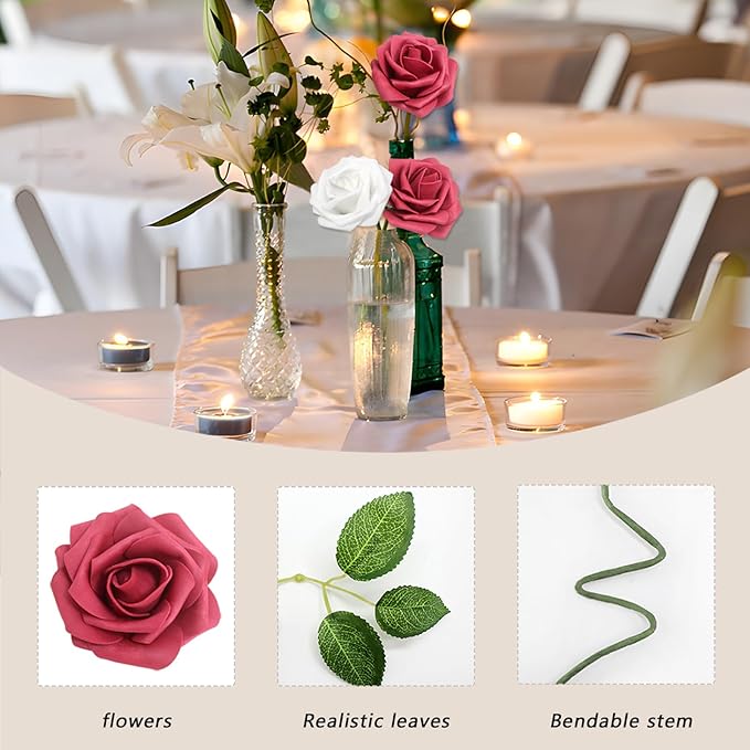 50PCS Artificial Flowers Burgundy and White Roses Real Looking Foam Fake Roses with Leaves for DIY Wedding Bouquets Bridal Shower Party Decorations (Wine red & White, 50)