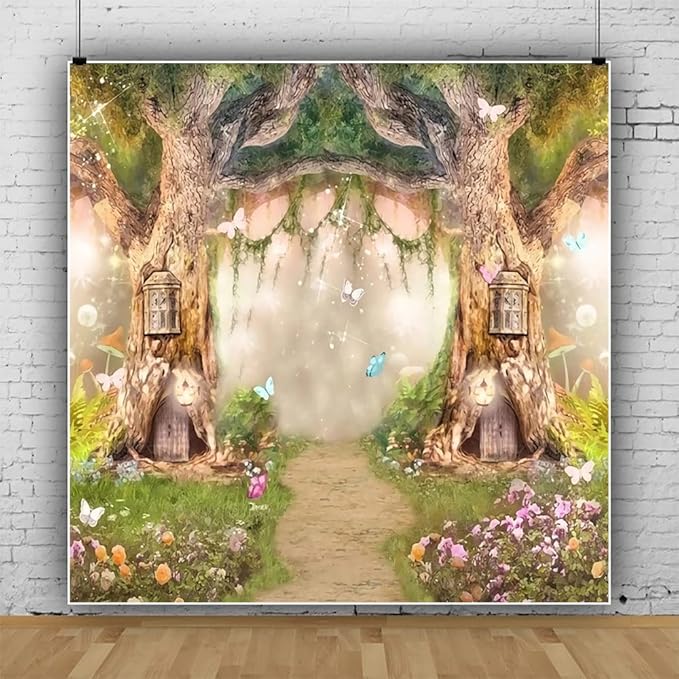 Leowefowa 8x8ft Vinyl Birthday Backdrop Fairy Tale Forest Enchanted Flower Baby Shower Photo Background for Birthday Party Photoshoot Newborn Baby Kids Children Studio Props Photography Backdrops