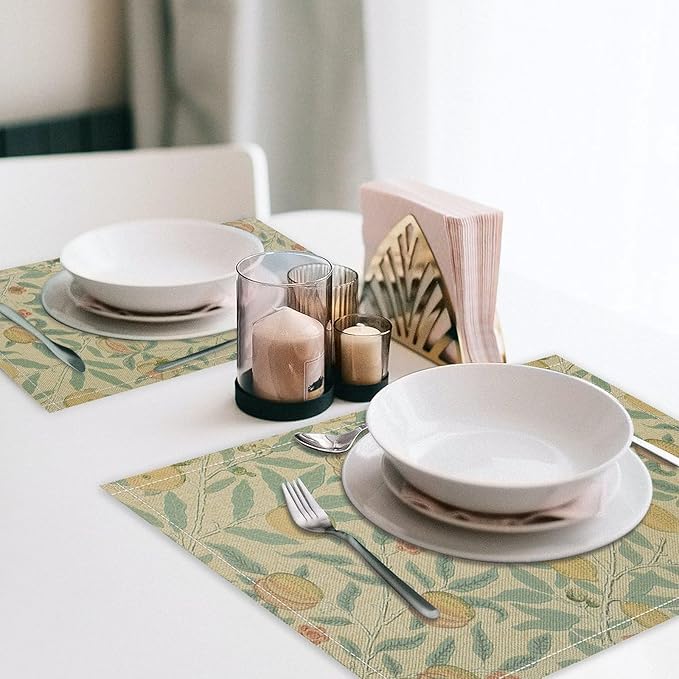Vintage Floral Placemats Set of 4, William Morris Retro Fruit Boho Botanical Plant Place Mats, Heat Resistant Non Slip Cotton Linen Dining Table Mats for Home Kitchen Party 18x12 Inch