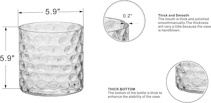 6" Wide 6" High Decorative Glass Cylinder Vase with Dimpled Circle Pattern, 8 Inch Tall, Clear (1, 6"x6")