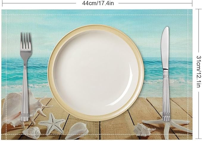 Beach Placemats Set of 4 Summer Nautical Coastal Seashell Art Printed Dining Table Mats for Restaurant Home Kitchen Holiday Decor 12x18in