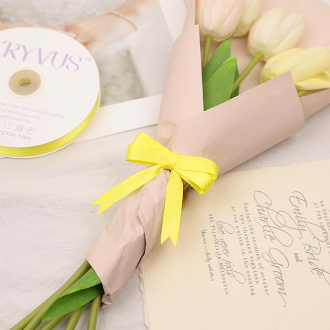 Lemon Yellow Satin Ribbon, Double Faced 1/2 Inch X 25 Yards Lemon Yellow Ribbon, Premium Satin Ribbon for Gift Wrapping, Crafts, Hair Bow Making, Sewing, Flower Bouquet, Wedding Party Decor